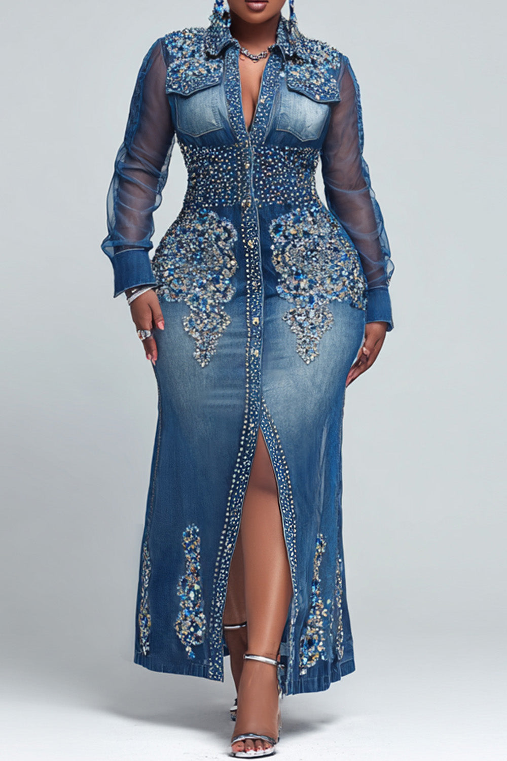 Party Blue All Over Print Shirt Collar Long Sleeve Button Casual See Through Maxi Dresses