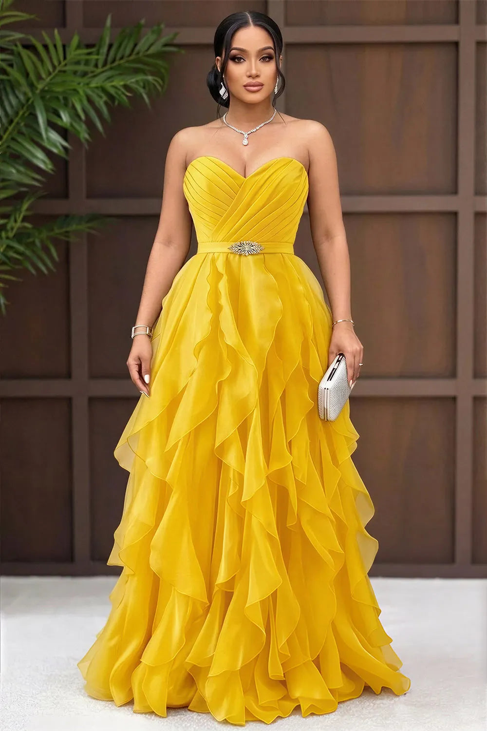 Strapless Metal Buckle Tiered Ruffle Hem Maxi Dresses-Yellow [Pre Order]