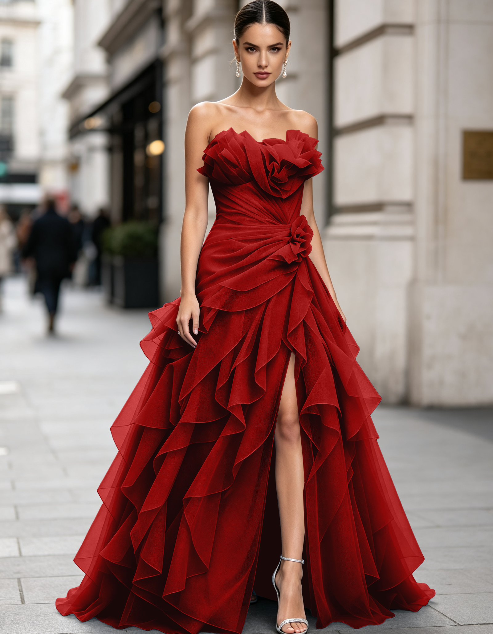 Voluminous Floral Ruffle Strapless Tulle Mermaid  Maxi Dress