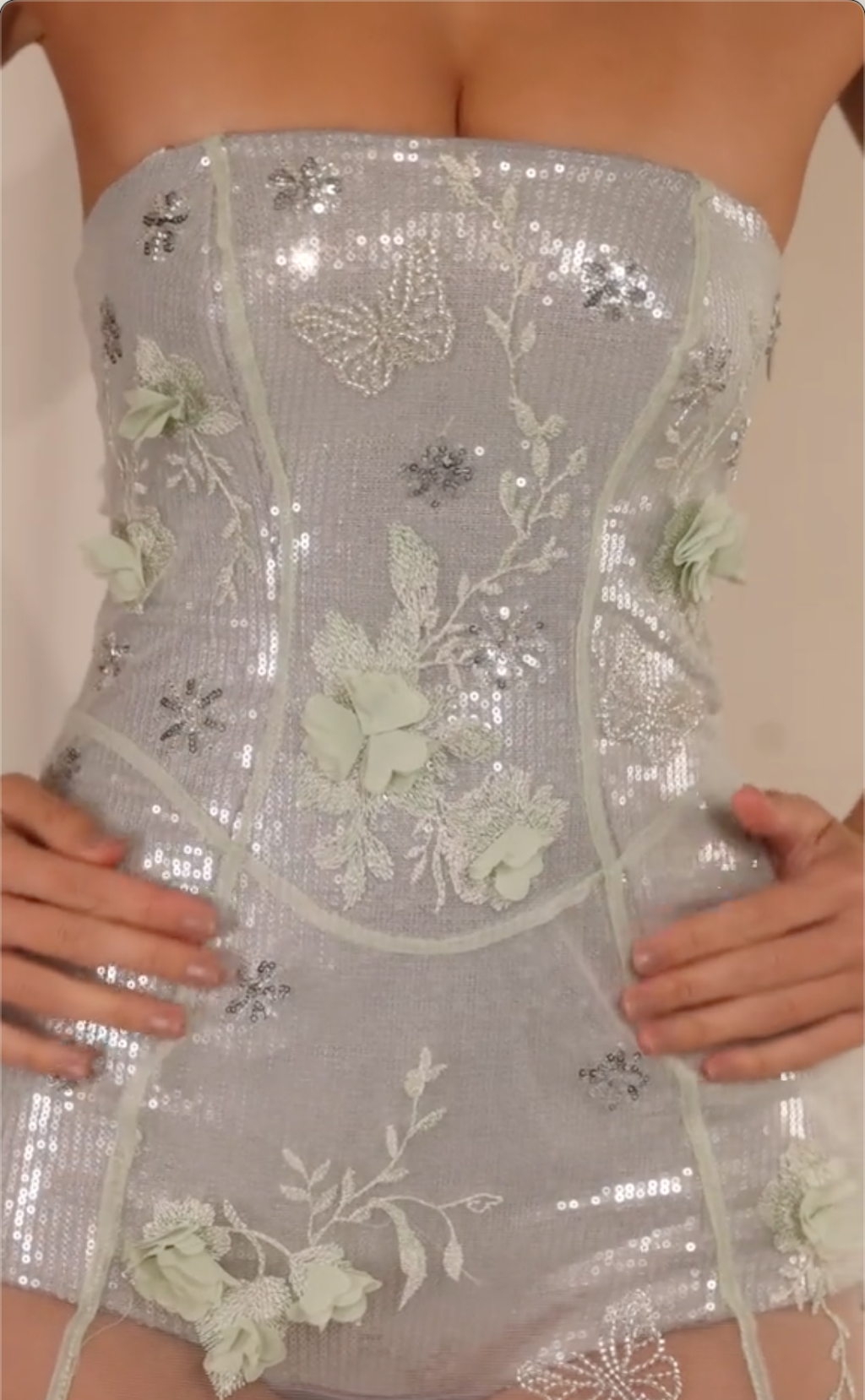 Mint Green 3D Floral Sequin Strapless Corset Maxi Dress with Sheer Tulle Mermaid Skirt