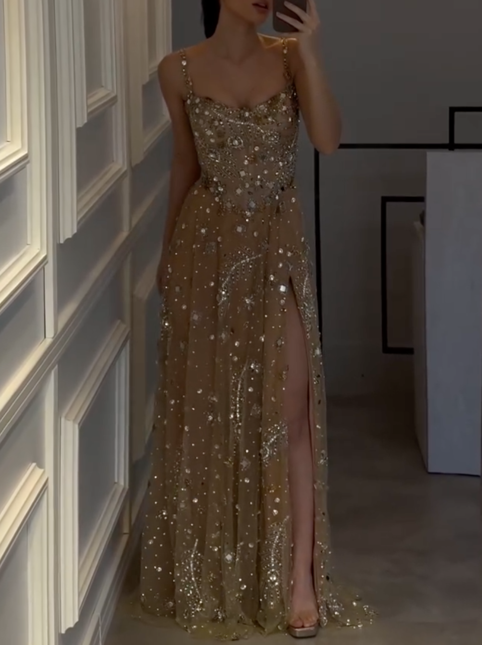 Champagne Gold Rhinestone Square Neck Maxi Dress with Sheer Mesh & High Slit