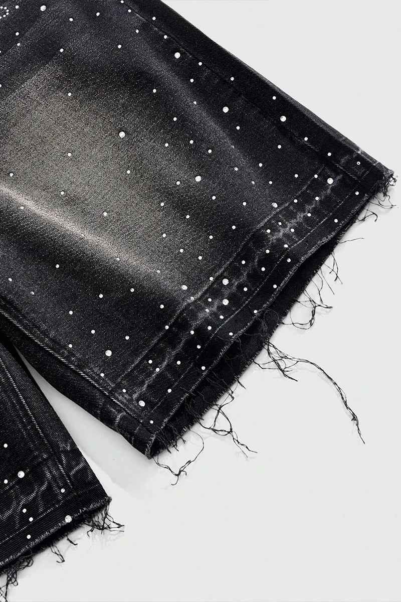 MEN Street Life Spring/Summer Casual Graphic Men'S Summer Casual Rhinestone Washed Frayed Edge Slant Pocket Denim Shorts