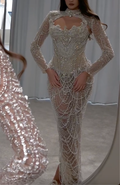 Silver Long Sleeve Beaded Mermaid Maxi Dress