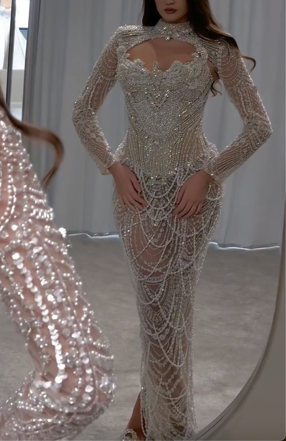 Silver Long Sleeve Beaded Mermaid Maxi Dress
