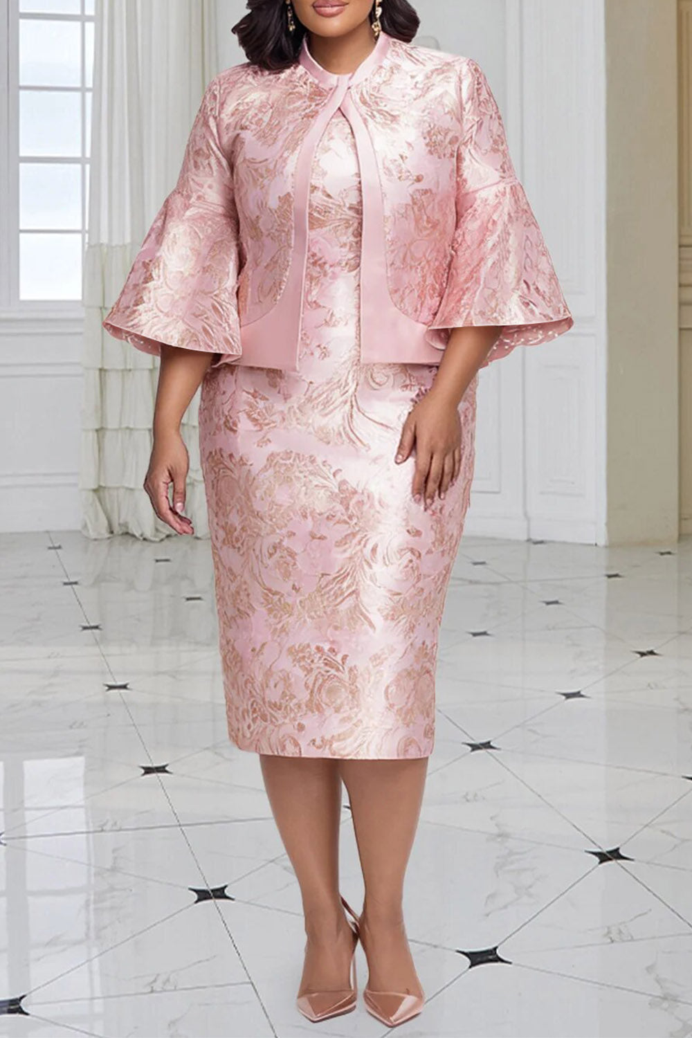 Pink Floral Flare 3/4 Sleeve Bodycon Satin Two Piece Dress Set