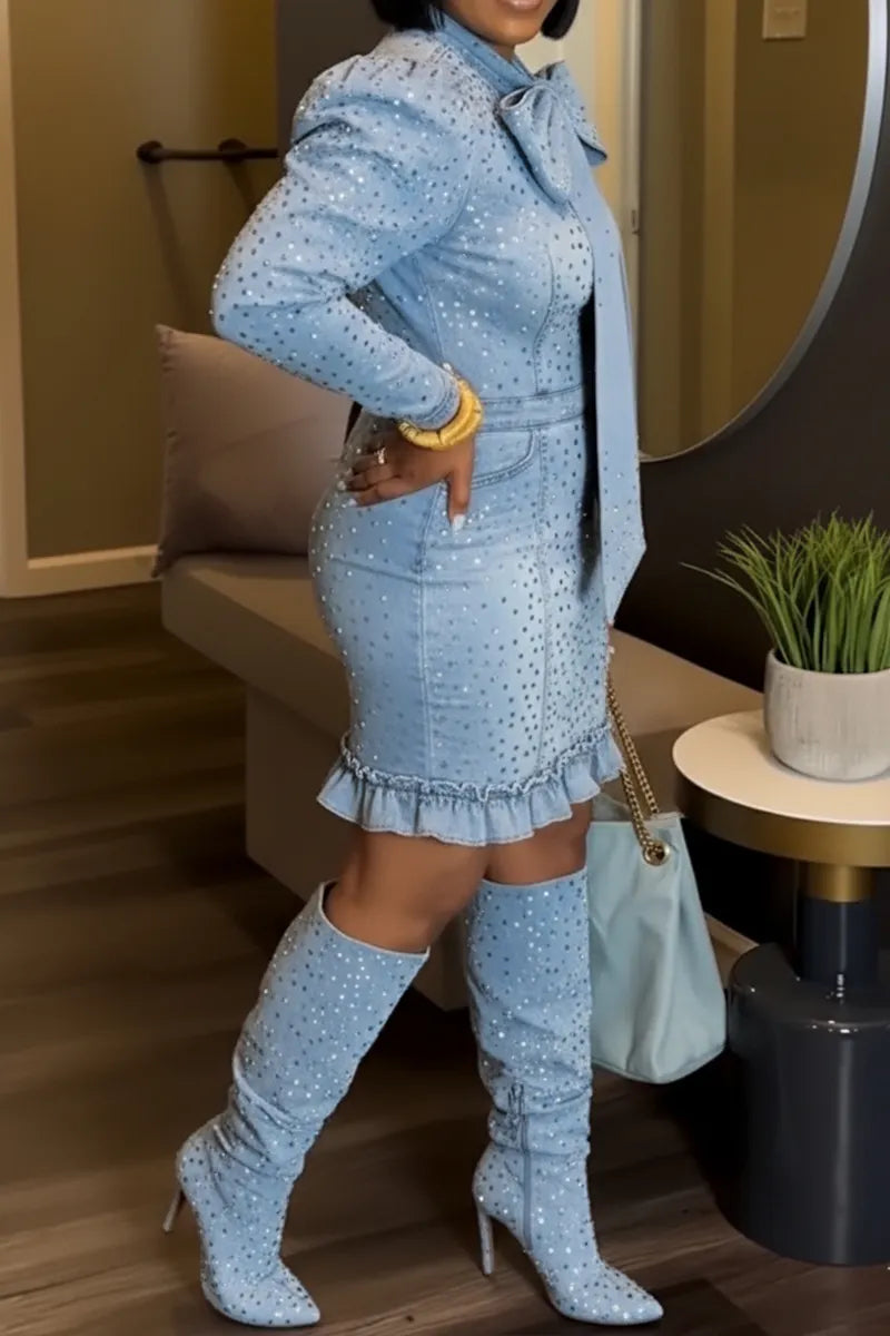 Women's Casual Hot Silver Bow Denim Dress