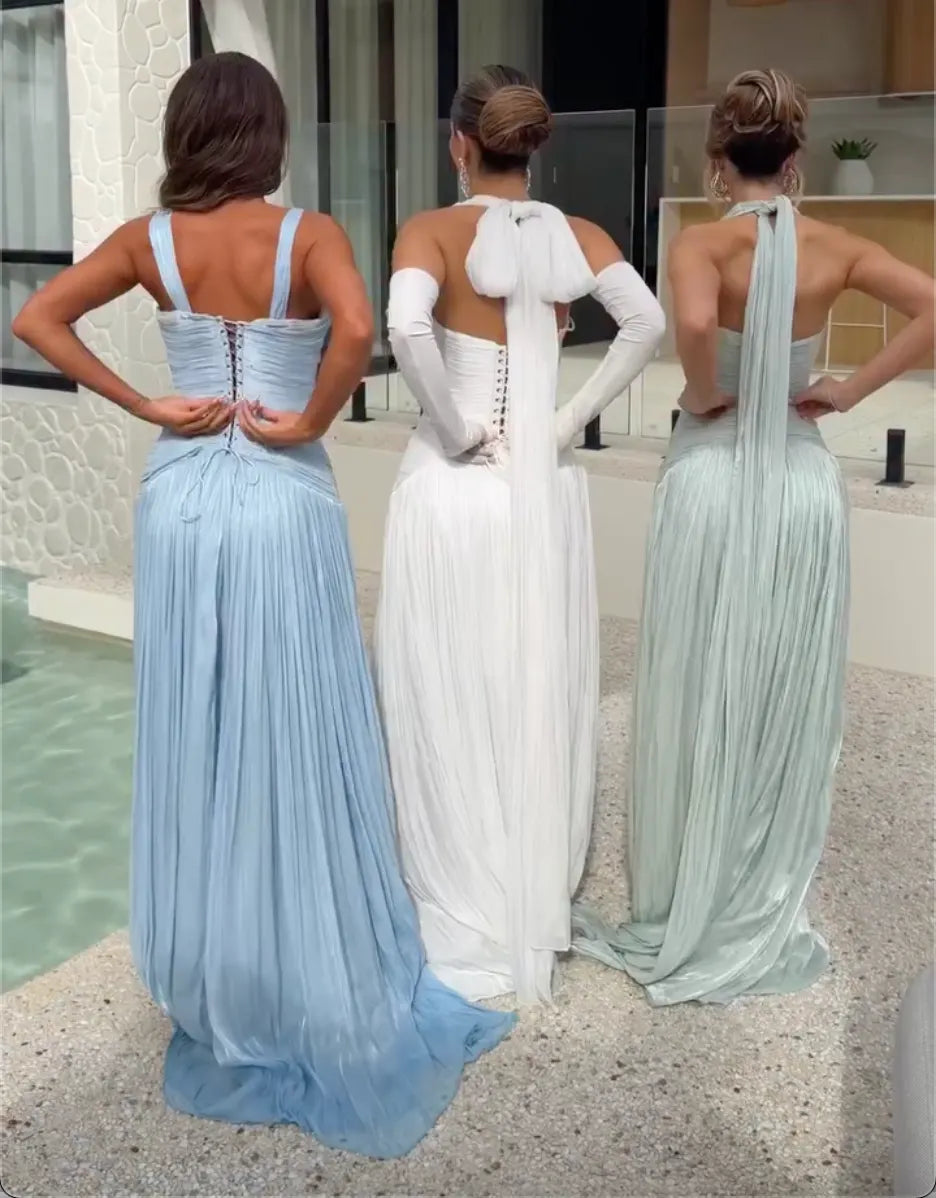 Pleated Shiny Satin Bridesmaid Maxi Gown, Light Blue White Sage Green, Deep V Neck 2 Styles Spaghetti Strap & Halter Formal Wedding Guest Long Dress