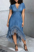 Women's Elegant V-Neck Lace Panel Denim Dress