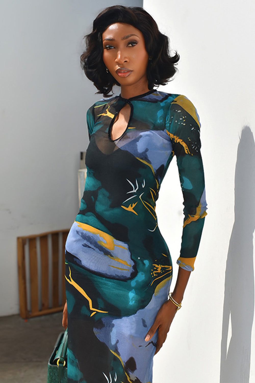 Round Neck Cut Out Colorblock Print Slim Fit Casual Maxi Dresses-Multicolor