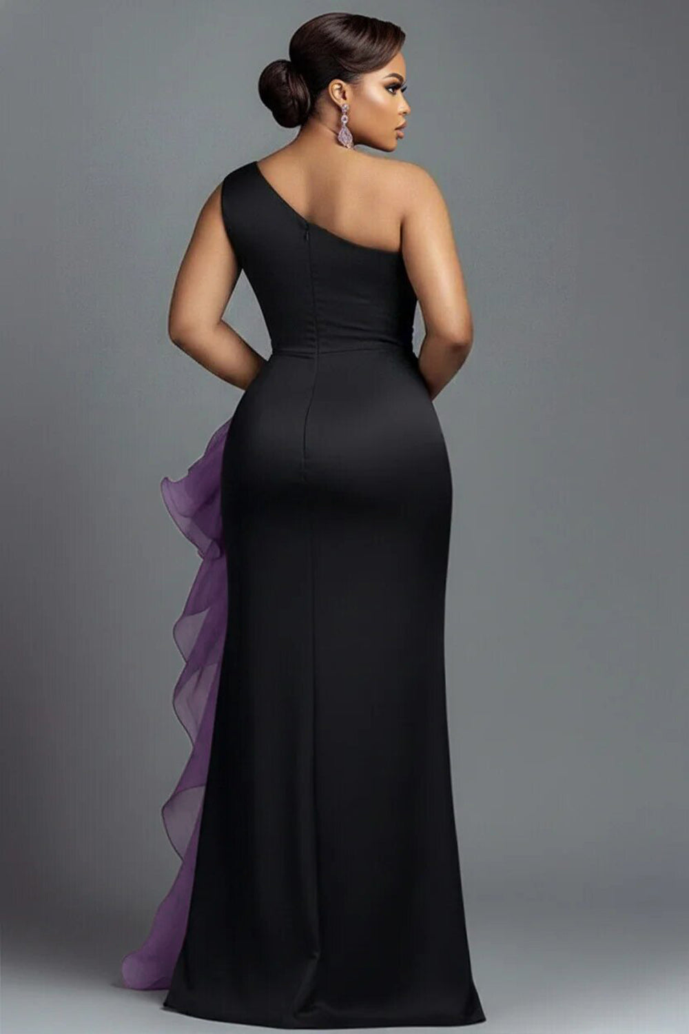 Organza Black Colorblock Oblique Collar Cap Sleeve Split Ruffle Satin Maxi Dresses