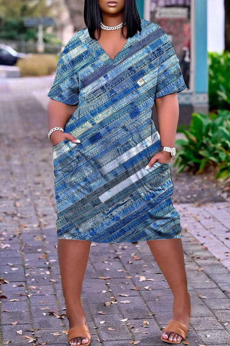 Xpluswear Plus Size Casual V Neck Short Sleeve Print Loose Midi Dress