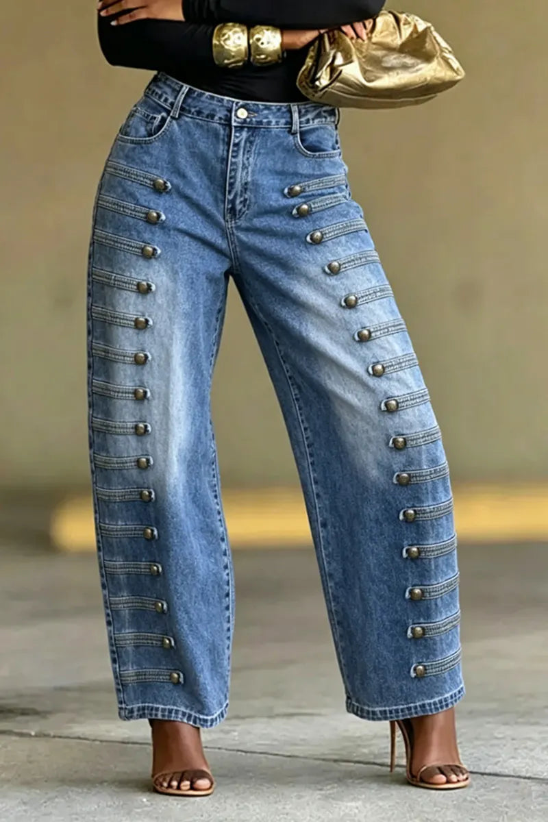 Women High Waist Two Side Multi Metal Button Stitch Detail Loose Wide Leg Washed Blue Denim Jeans