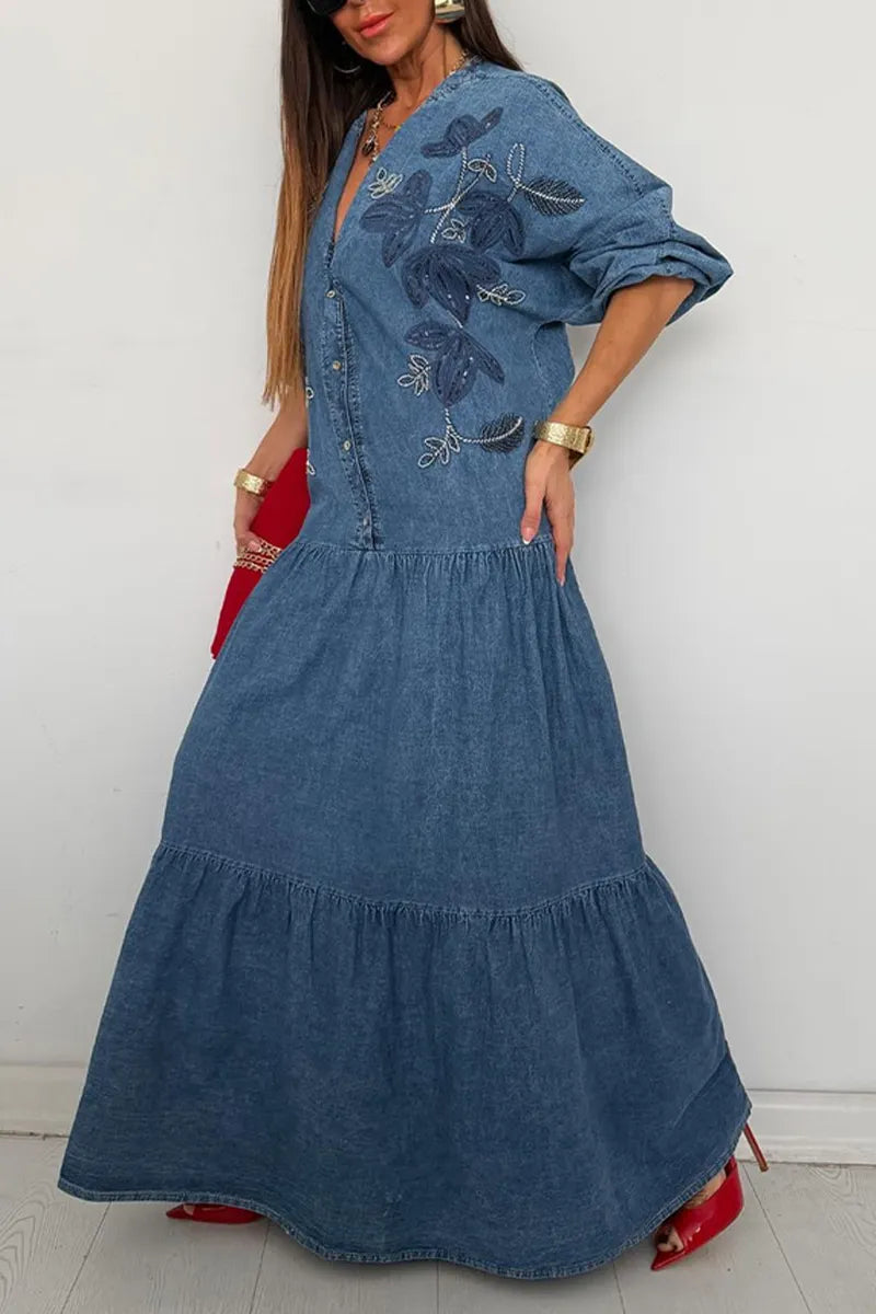 Women's V-Neck Denim Shirt Dress with Button Front & Ruffled Skirt
