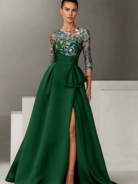 Round Neck Satin Sequined Sleeves Maxi Dress