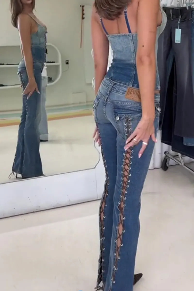 Women's Street Style Cropped Denim Cami Top or  Lace up Flared Jeans