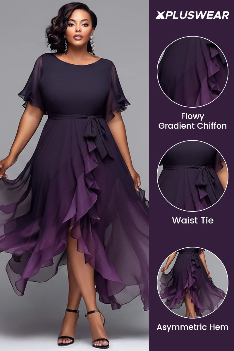 Cocktail Party Black Gradient Round Neck Short Sleeve Asymmetric Hem Irregular Hem Chiffon Midi Dresses