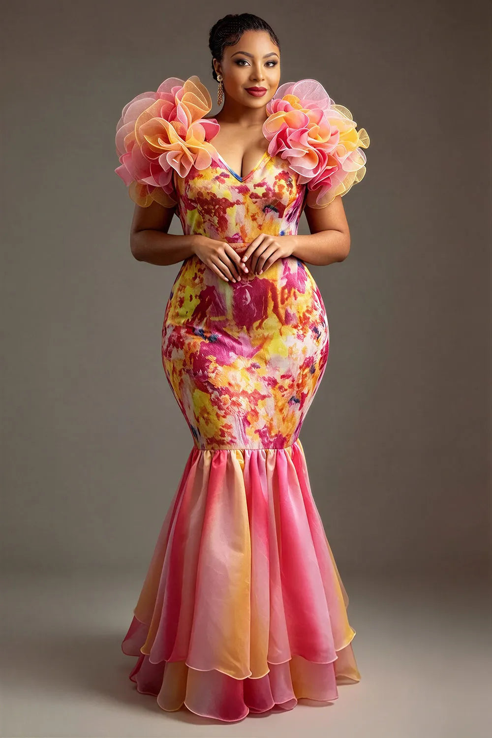 Multicolor Gradient V Neck Flutter Sleeve Mermaid Ruffle Tulle Maxi Dresses
