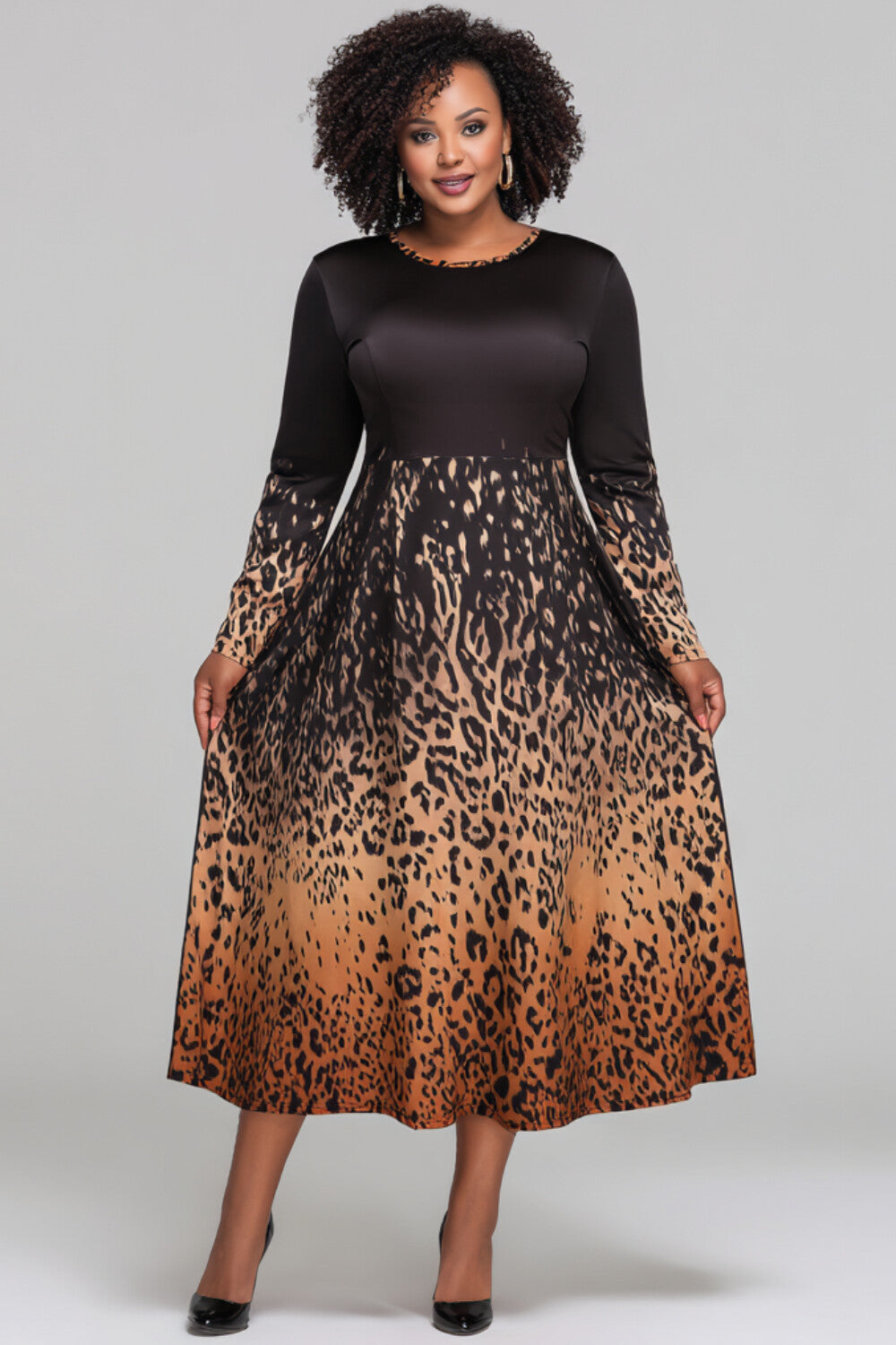 Business Casual Brown Leopard Round Neck Long Sleeve Pocket Elegant Midi Dresses