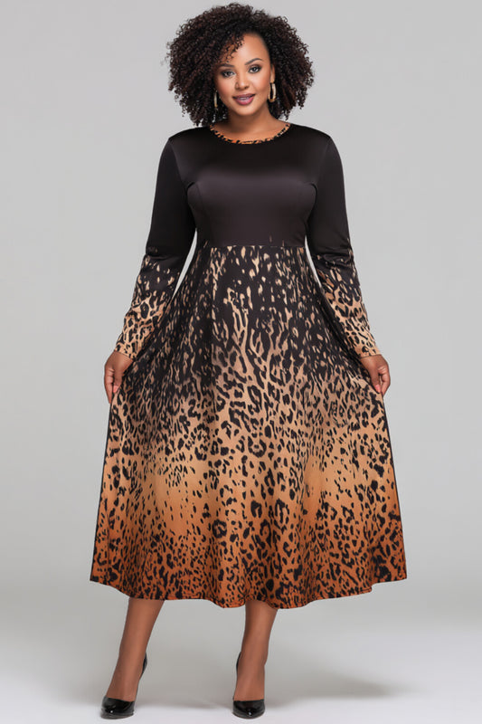 Business Casual Brown Leopard Round Neck Long Sleeve Pocket Elegant Midi Dresses