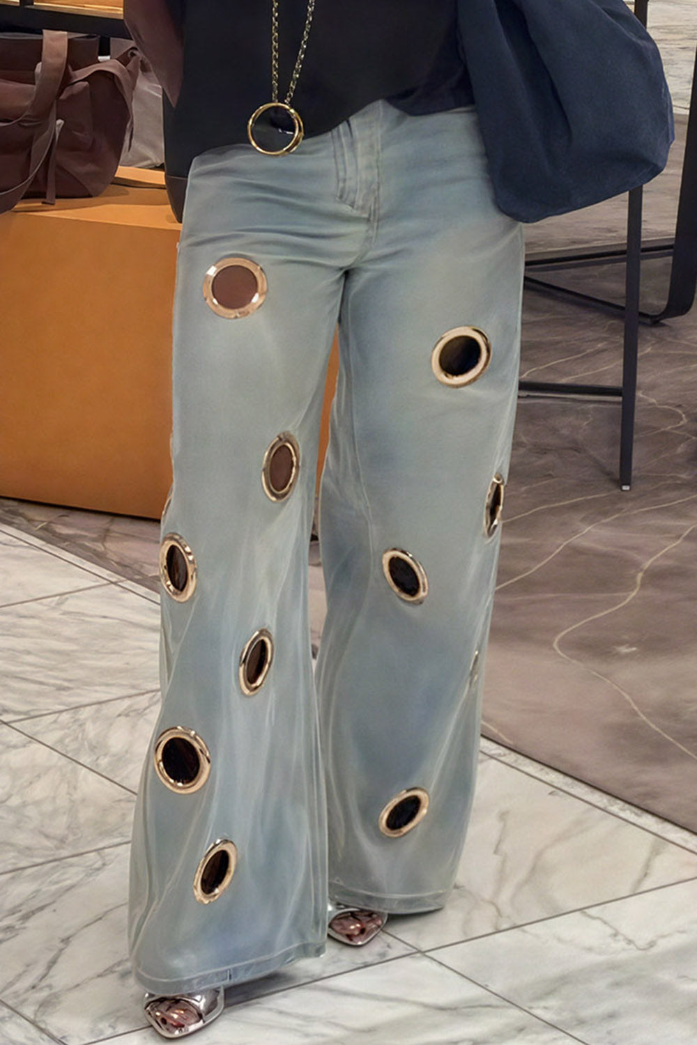 Plus Size Business Casual Blue Cut Out Casual Wide Leg Denim Jeans