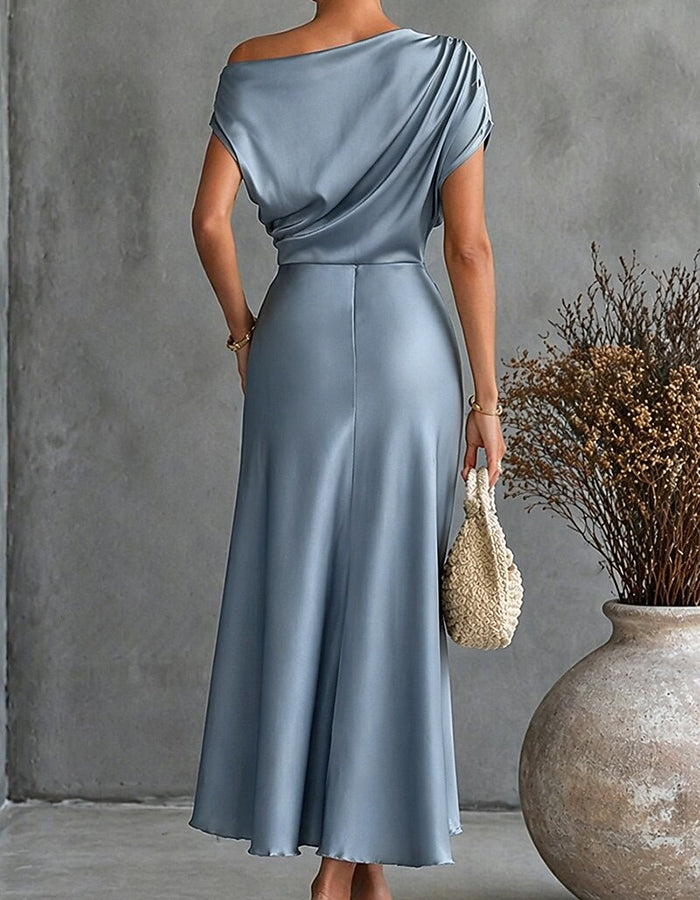 Dusty Blue Asymmetric Off-the-Shoulder Draped Satin Midi Dress