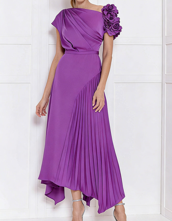 Blush Pink Satin 3D Floral Asymmetrical Midi Dress