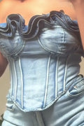 Women's Strapless Denim Top With Asymmetrical Hem Or Sexy Irregular Hem Cropped Denim Shorts