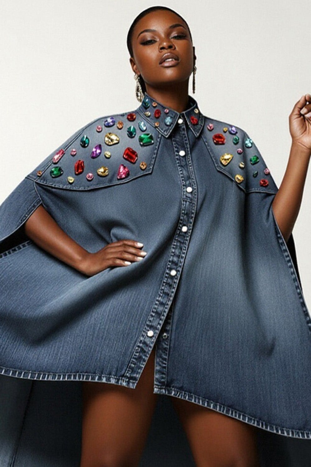 Xpluswear Design Plus Size Party Blue Shirt Collar Half Sleeve Drilling Casual Asymmetric Hem Denim Mini Dresses