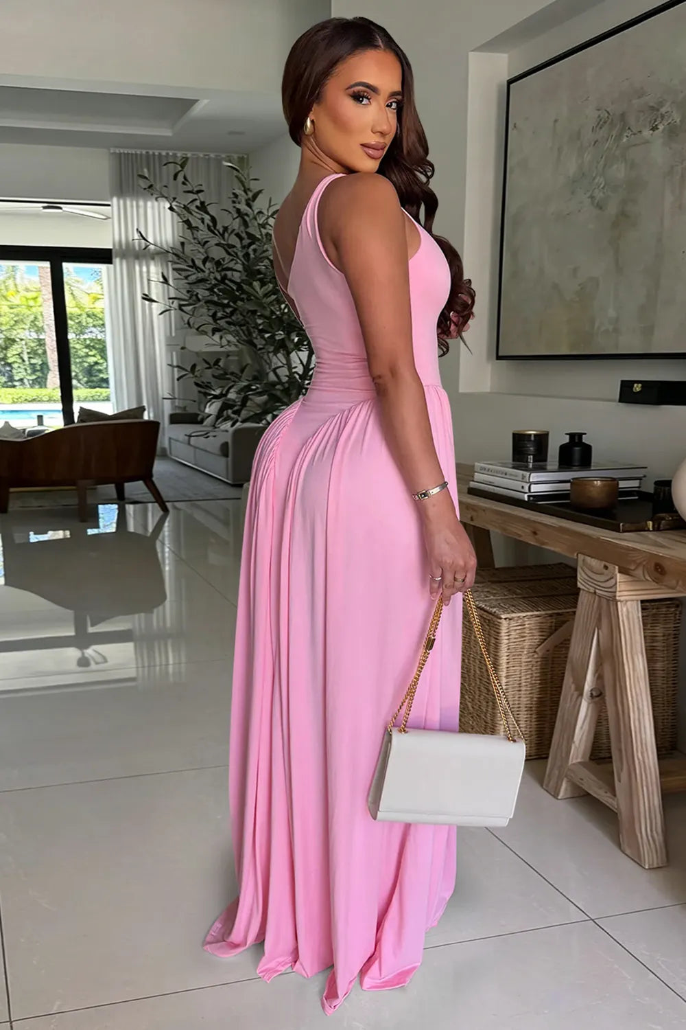 One Shoulder Cinch Waist Slim Fit Solid Color Maxi Dresses-Yellow