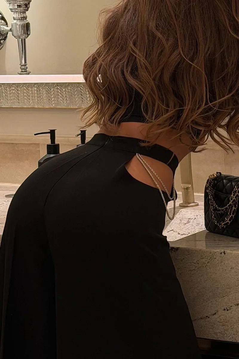 Women's Black Halter Choker Crop Tank Cutout Rhinestone Chain Wide Leg Pants