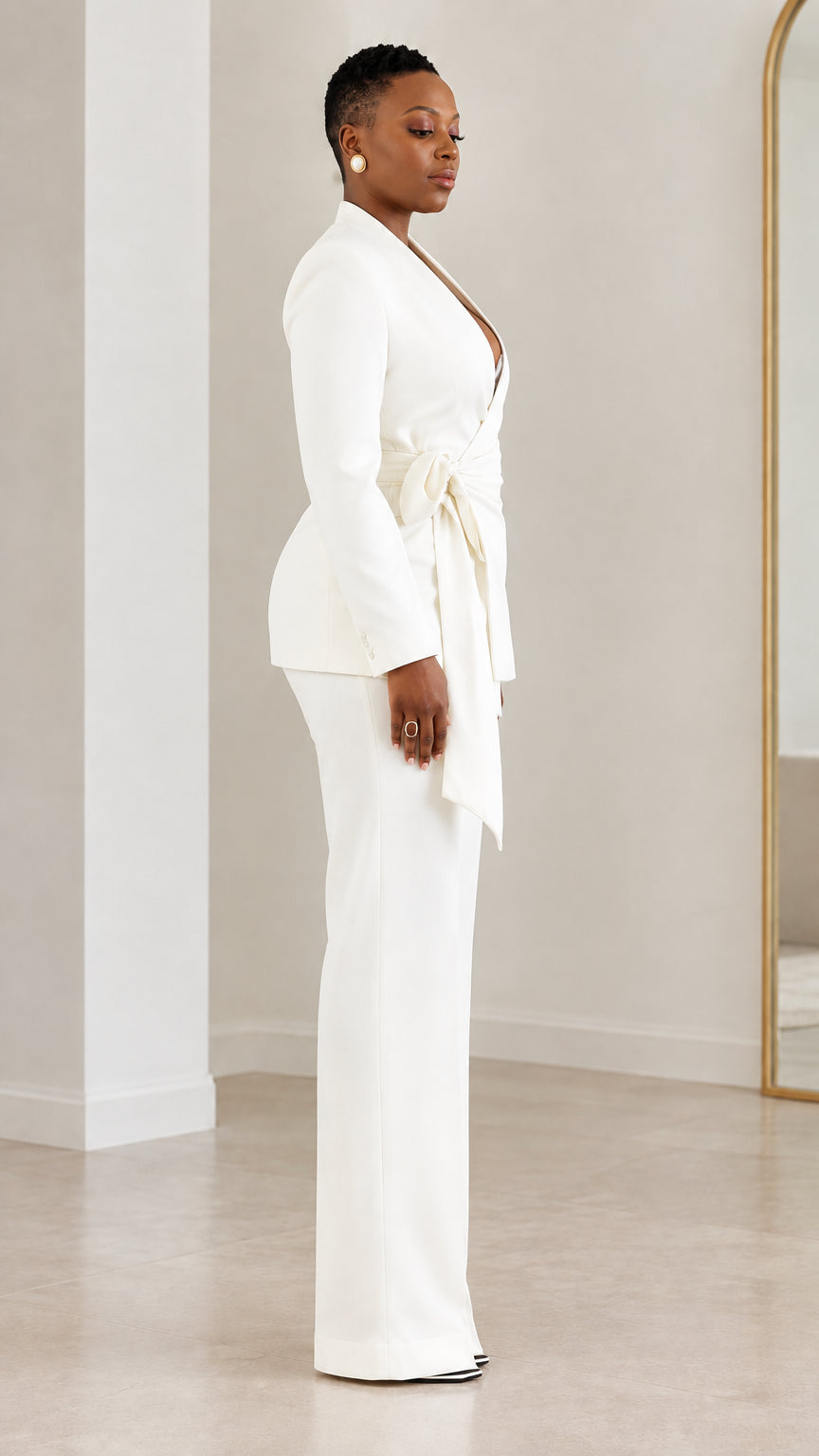Women's Elegant Shawl Collar Wrap Blazer and Wide-Leg Trousers 2-Piece Suit Set