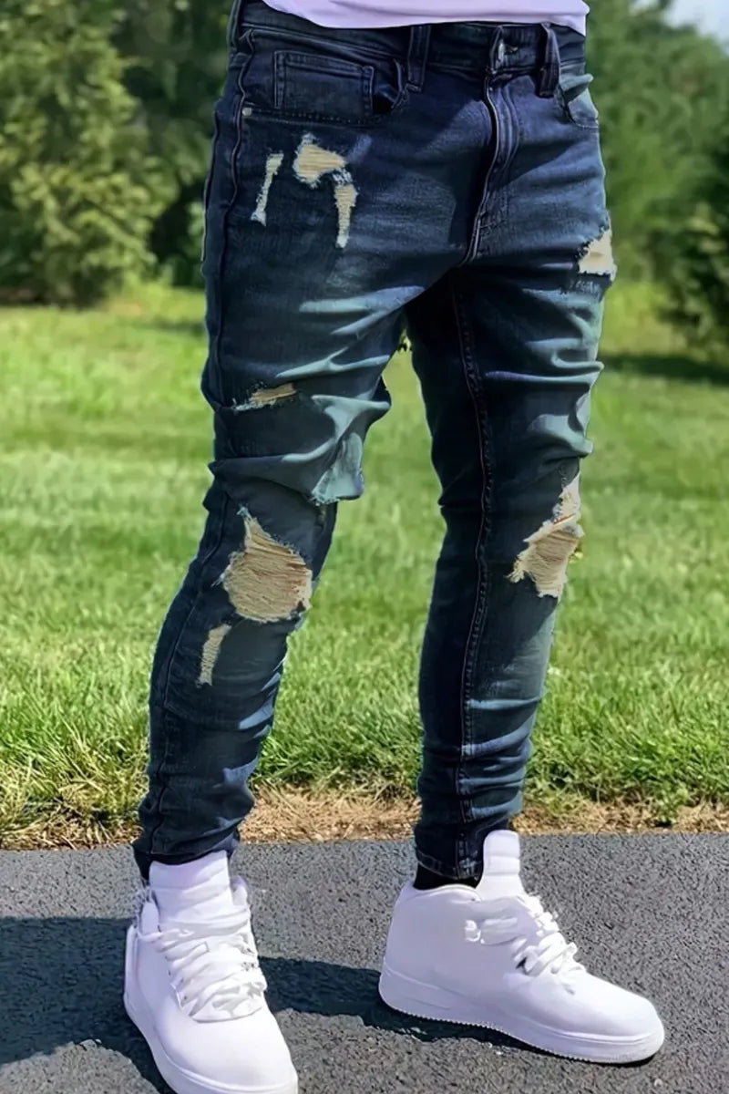 Men's Fashionable Casual Distressed Washed Skinny Fit Jeans