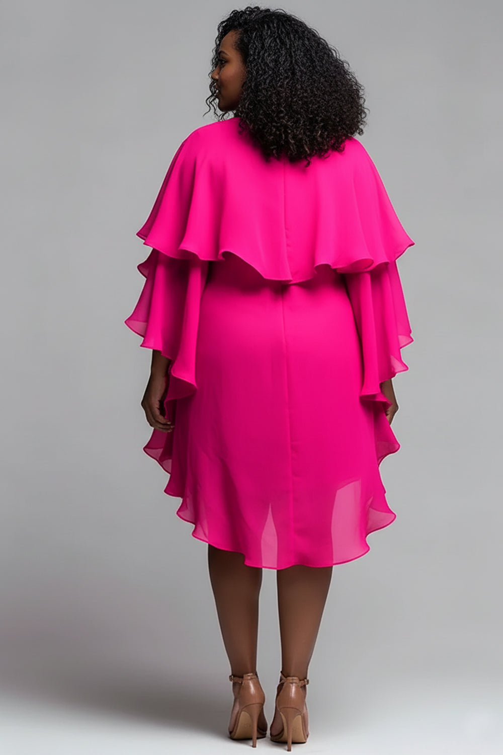 Party Hot Pink V Neck Half Sleeve Ruffle Tiered Mini Dresses