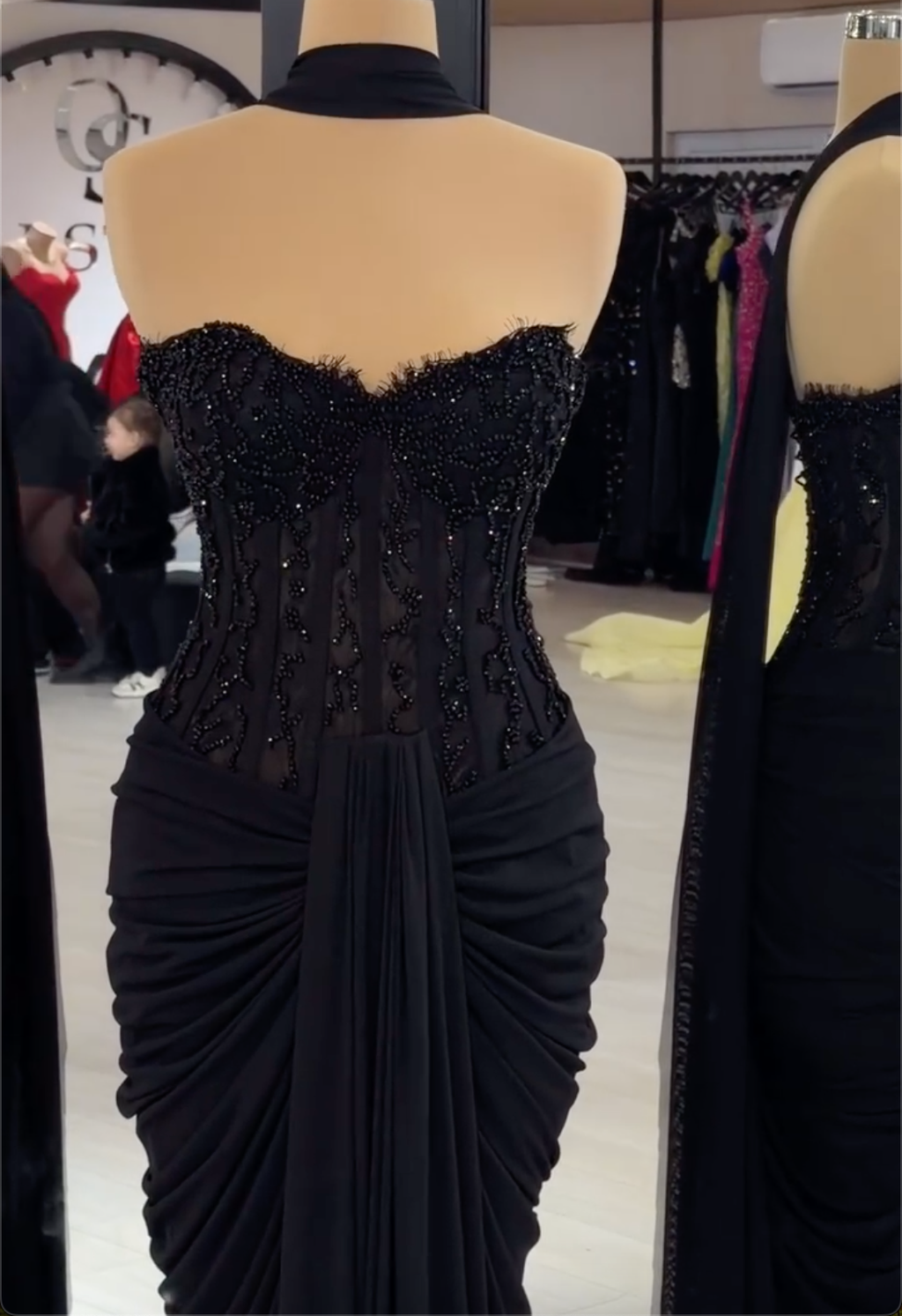 Black Strapless Corset Maxi Dress with Beaded Bodice & Draped Skirt