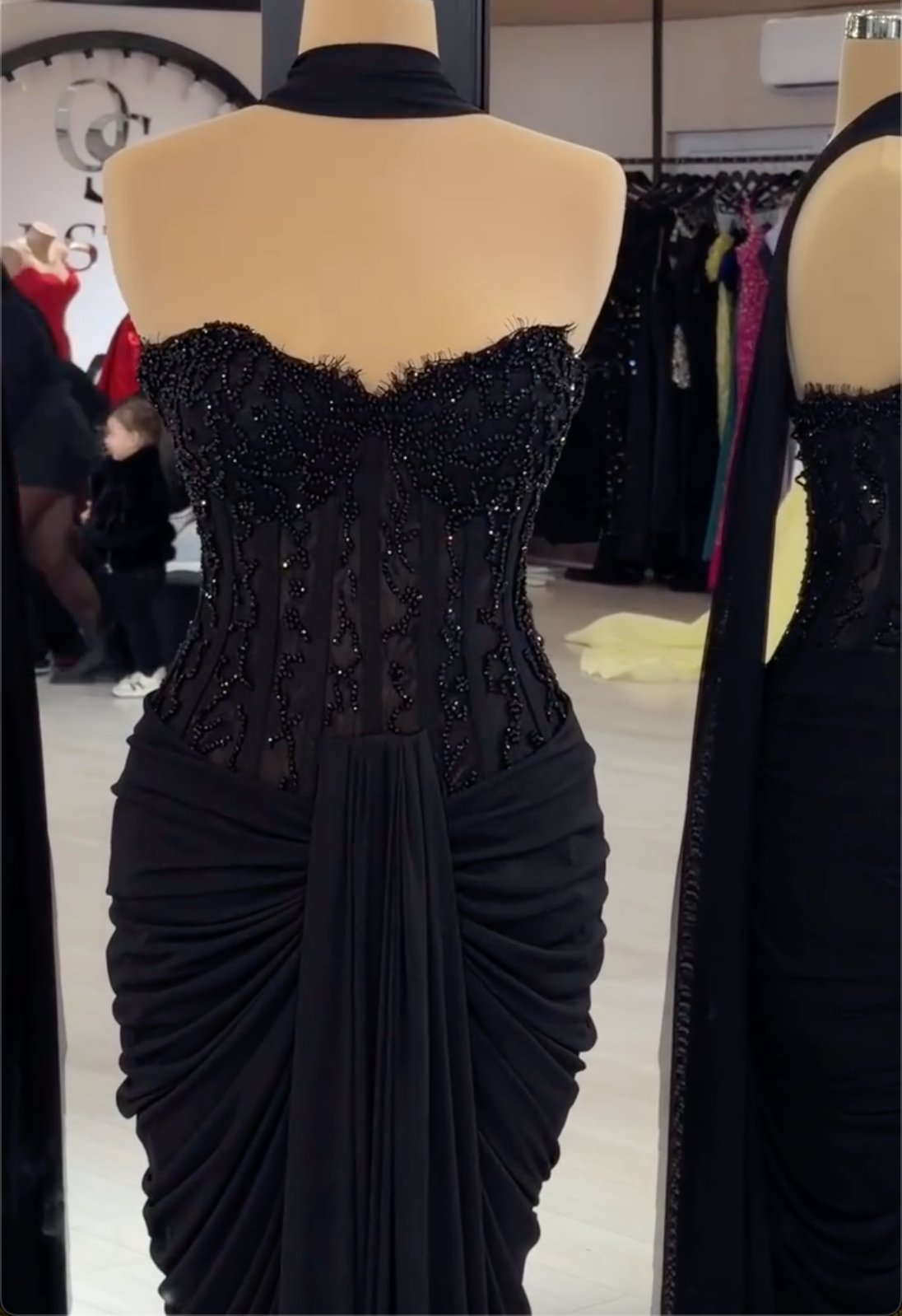 Black Strapless Corset Maxi Dress with Beaded Bodice & Draped Skirt