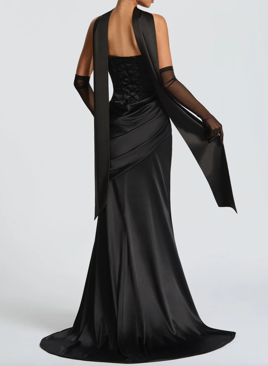 Black/Emerald Green Satin Cowl Neck Halter Maxi Dress with Corset Back & Draped Sash