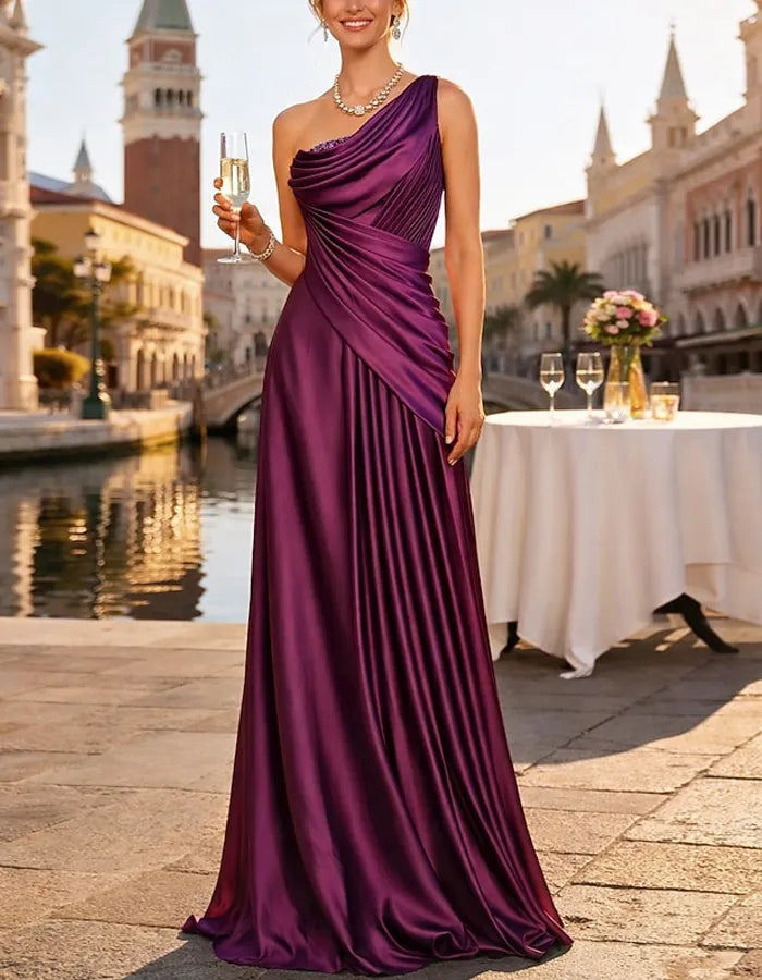Solid Color Satin Draped Shoulder Maxi Dress