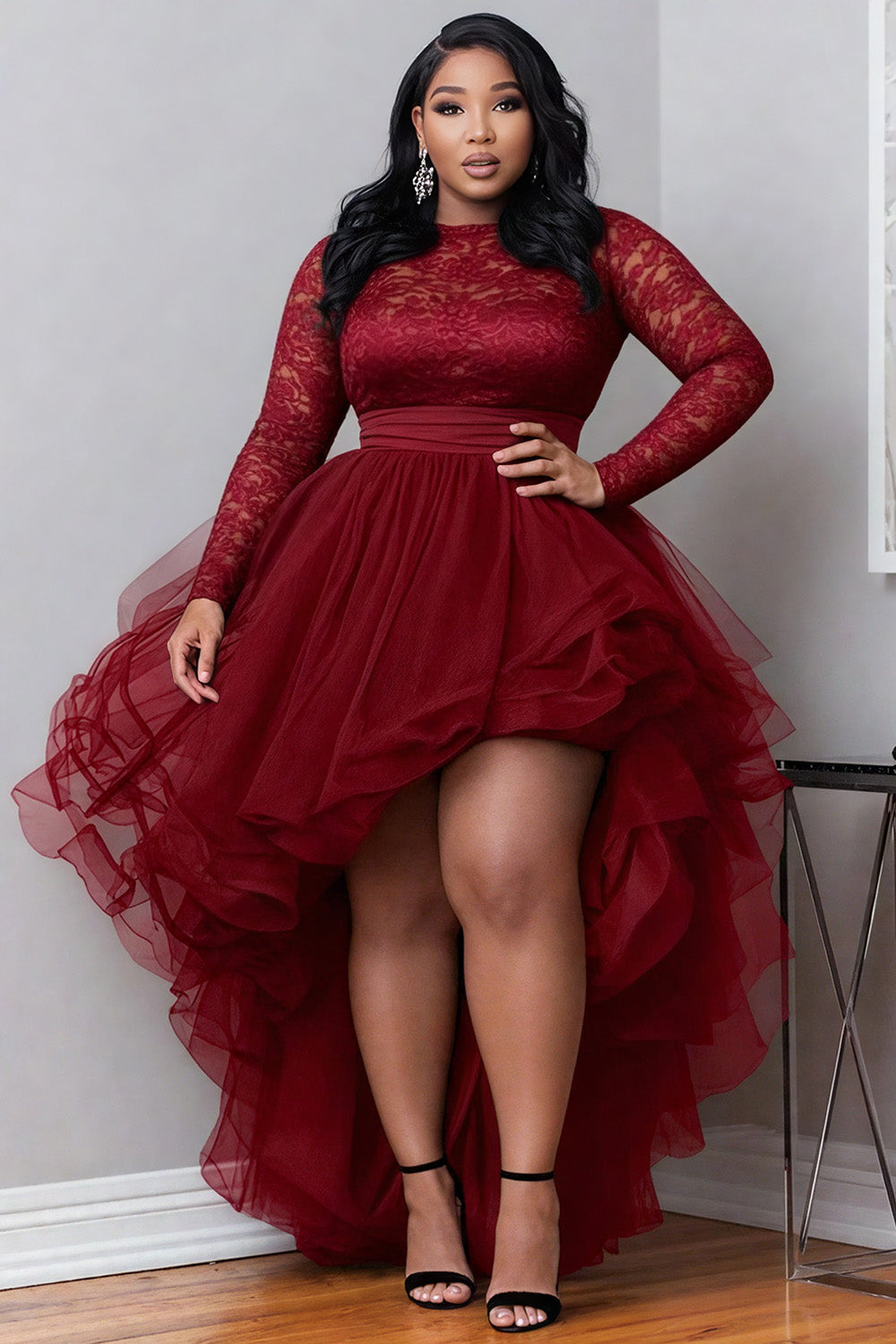 Cocktail Party Black Round Neck Long Sleeve High Low Hem Elegant Ruffle Tulle Lace Mini Dresses