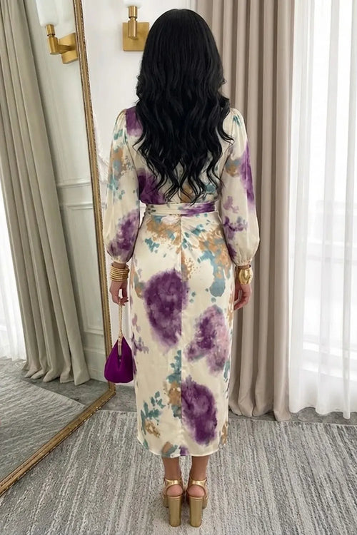 Abstract Print Lantern Sleeve Top Slit Midi Skirt 2pcs Set-Multicolor