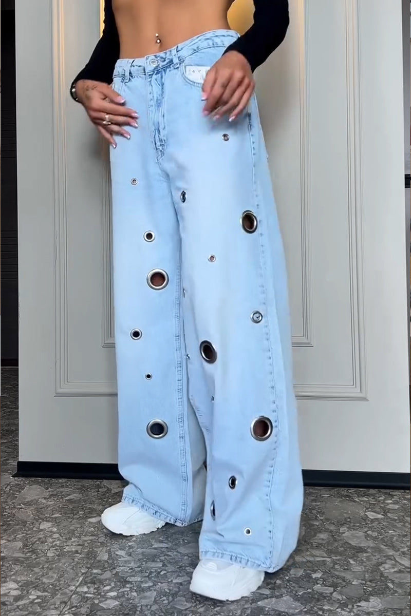 Women's Fashion Metal Hollow-Out Decoration Wide Leg Jeans