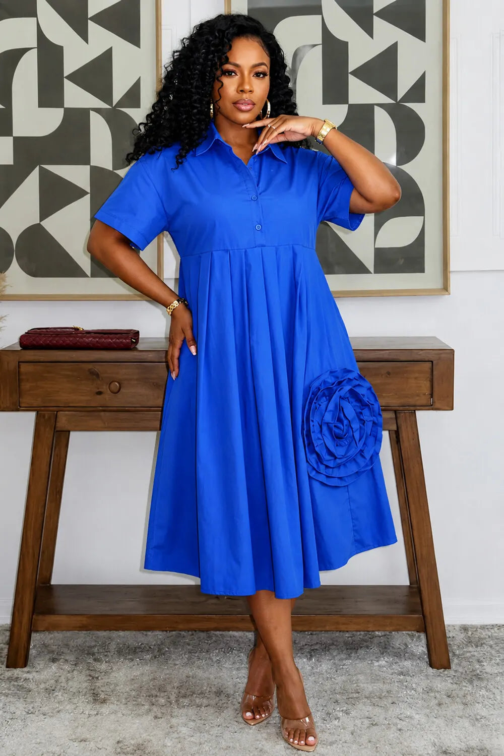 Turndown Collar 3D Flower Decor Solid Color A-Line Casual Midi Dresses-Blue