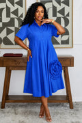 Turndown Collar 3D Flower Decor Solid Color A-Line Casual Midi Dresses-Blue