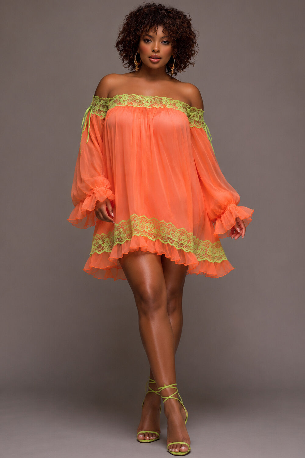Vacation Orange Off The Shoulder Lantern Sleeve Long Sleeve Ruffle Contrast Chiffon Mini Dresses [Pre-Order]