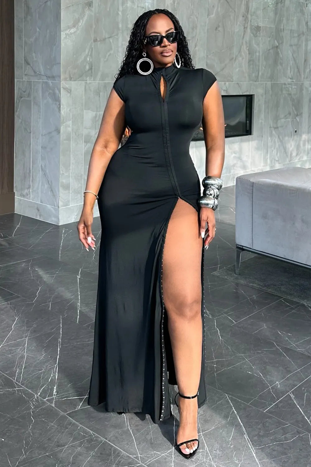 Mock Neck Cap Sleeve Cut Out High Slit Casual Maxi Dresses-Black [Pre Order]