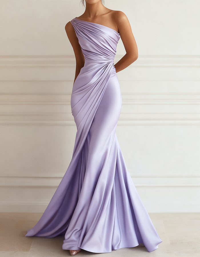 One-shoulder Stretch Satin Pleats Maxi Dress