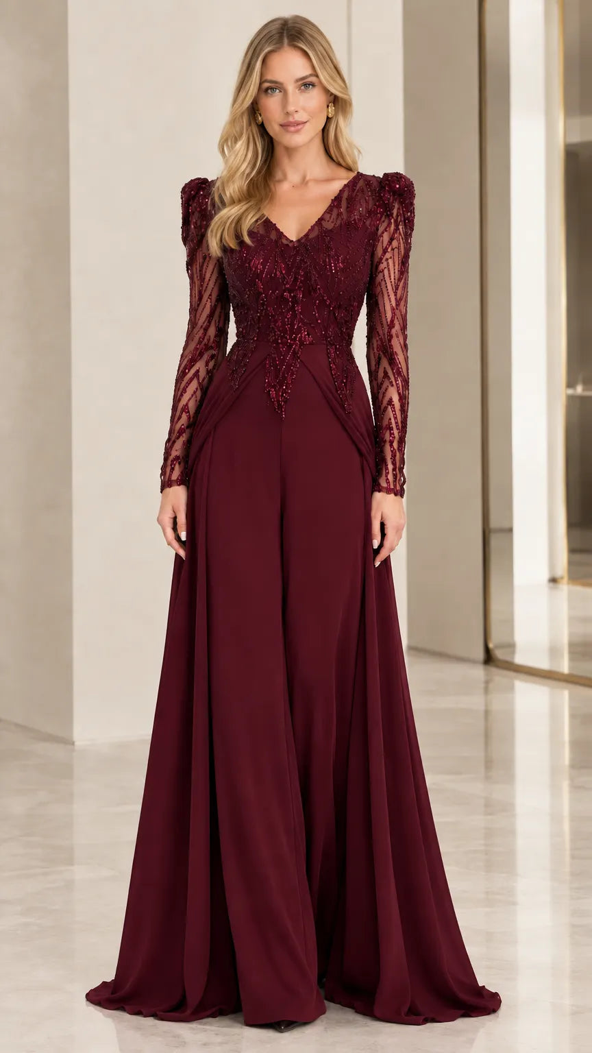 Sequin Beaded Long Sleeve V-Neck Wide-Leg Formal Evening Jumpsuit