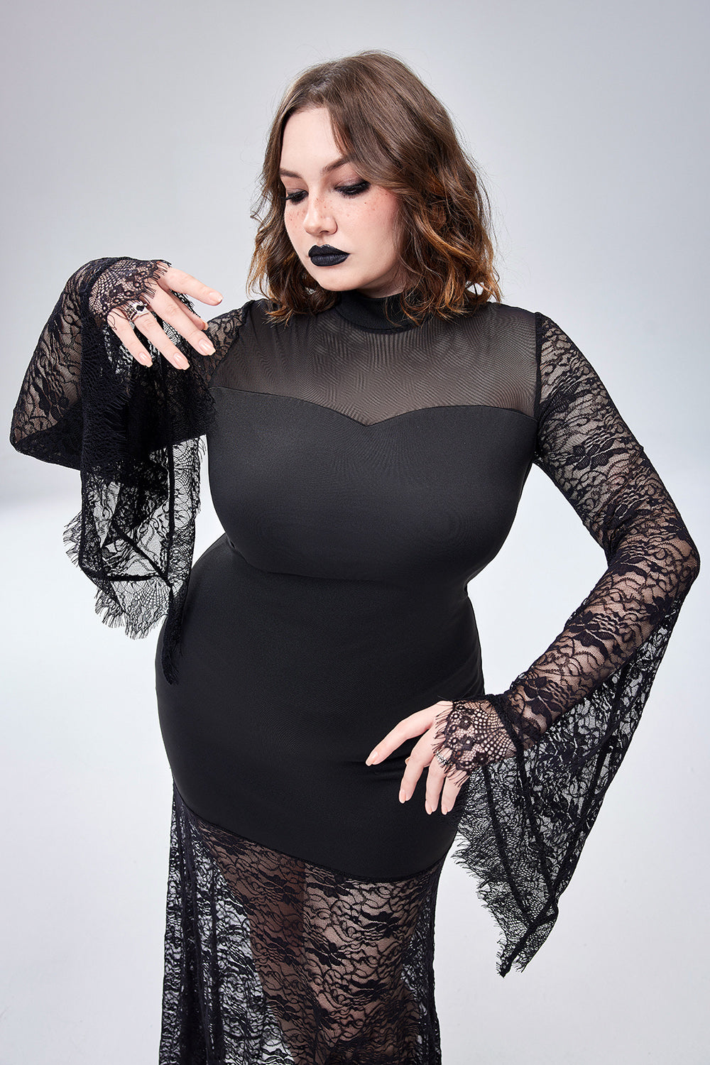 Halloween Costume Black Trumpet Sleeve Lace Maxi Dress(Ships 24h)