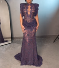 Dark Purple Beaded Lace Maxi Evening Gown, High Neck Sheer Mermaid Formal Dress