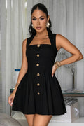 Sleeveless Metal Buttons Decor Solid Color A-Line Casual Mini Dresses-Black