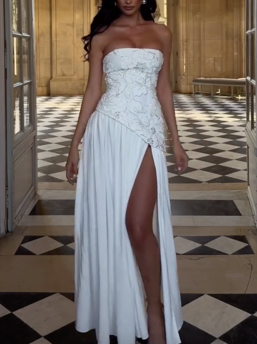 White Strapless Floral Beaded Corset Chiffon Slit Maxi Wedding Dress